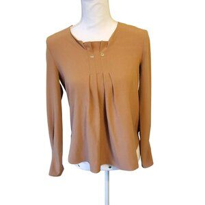 Tan Long Sleeve Pleated Blouse By Splash Size 8